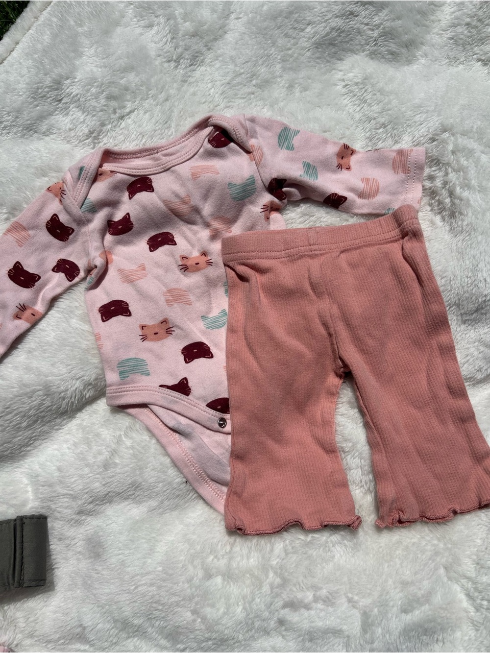Rene Rofe Baby Pink Cat Print Onesie with Dusty Rose Ribbed Pants